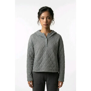 Lands' End Women's Quilted Pullover Hoodie Blue Snap Neck Cotton Large NWT